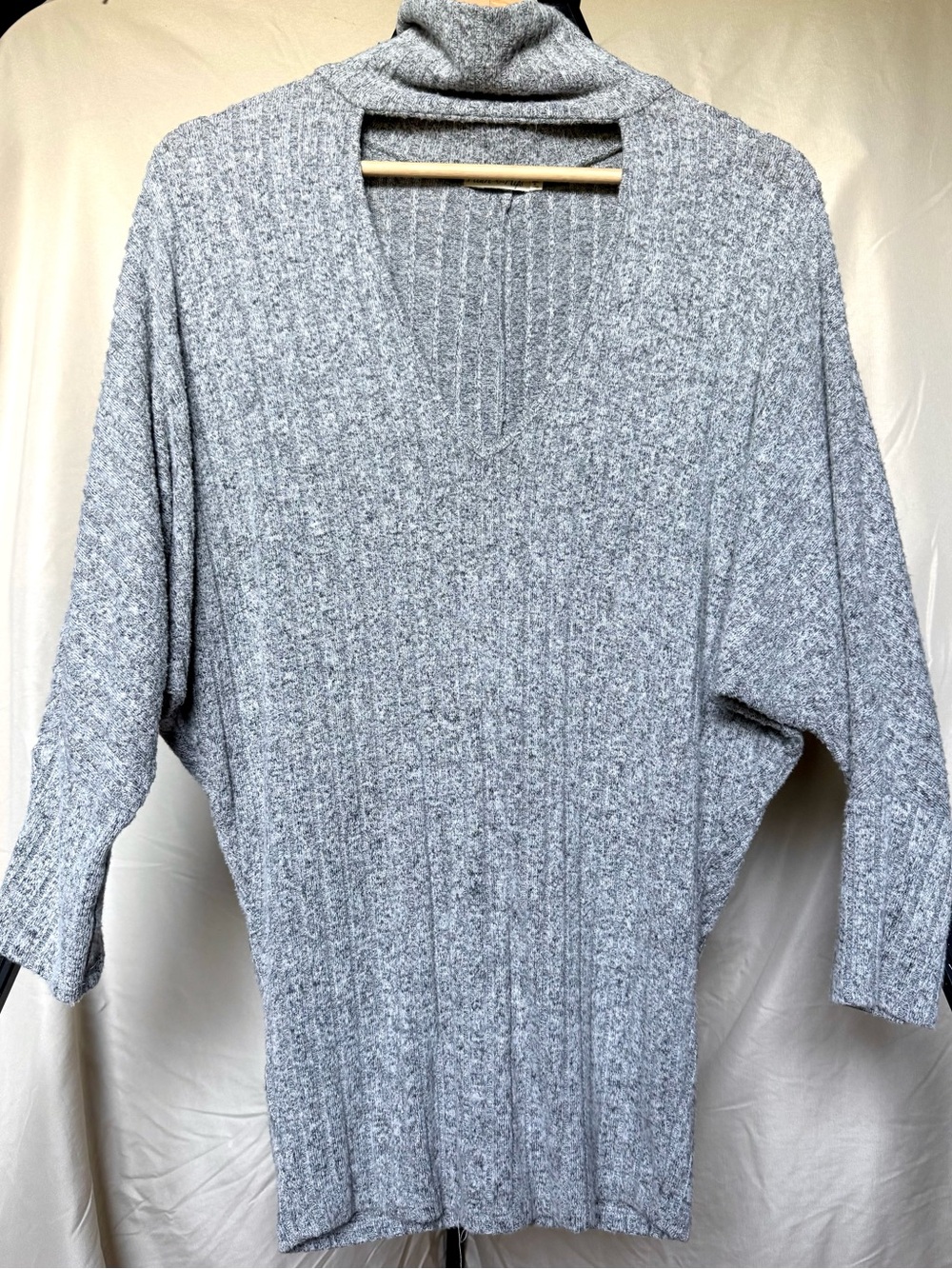 Soft Ribbed V-Neck Turtleneck Sweater - Light Gray